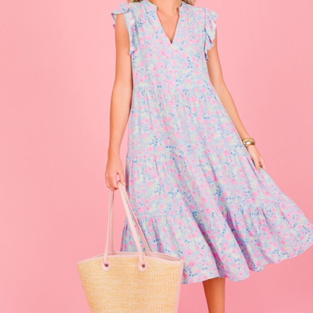 Floral Tiered Midi Dress - Pink & Blue
